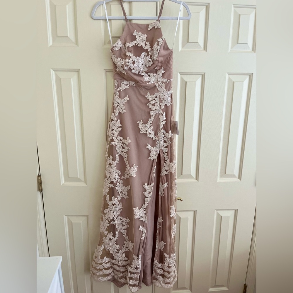 Lulu's Cream Tan Sleeveless Maxi Gown for Prom